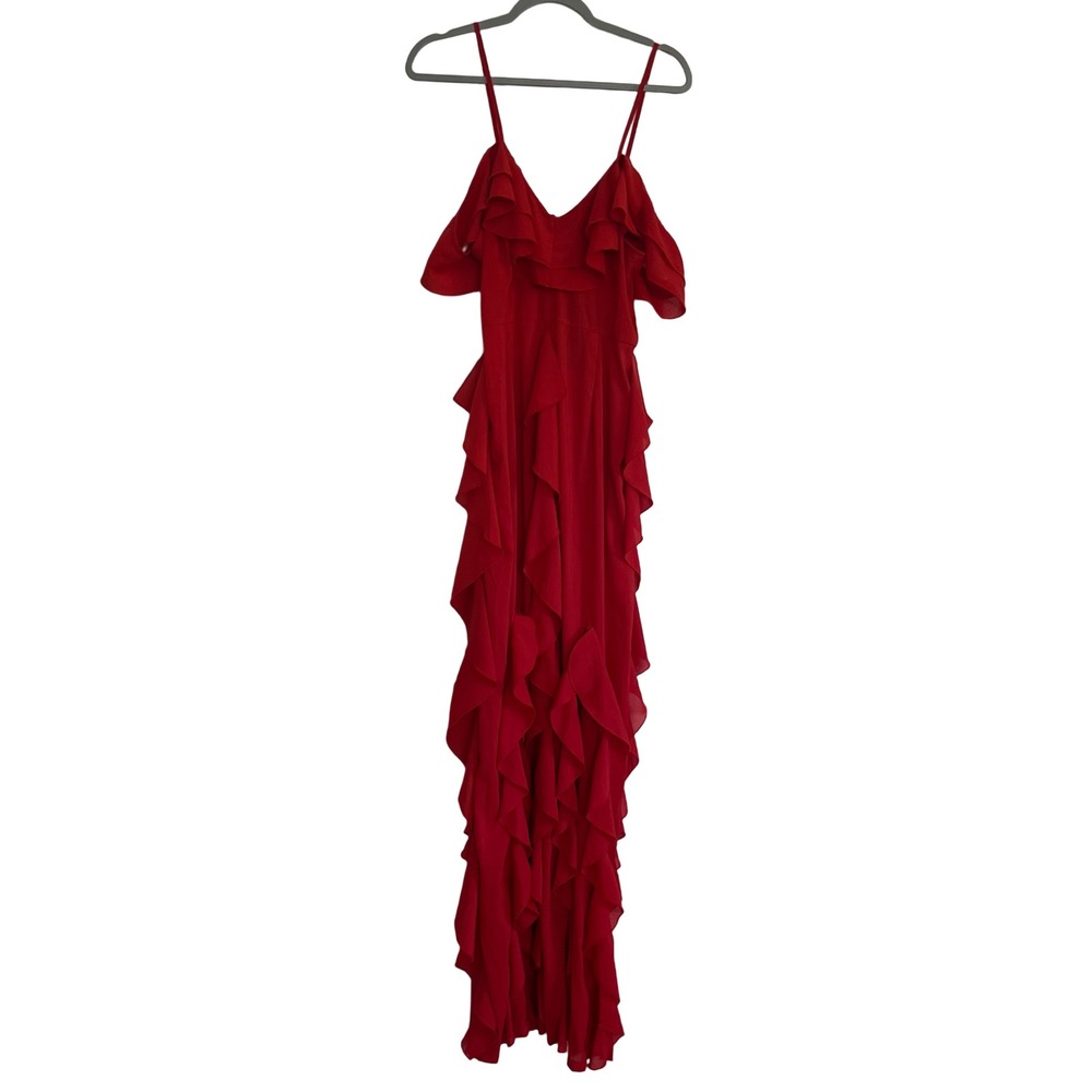 PrettyLittleThing Ruffle Maxi Dress Womens Size 8 Red New Cold Shoulder Gown
